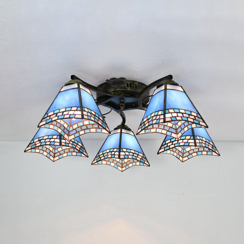 Tiffany Stained Glass Ceiling Light with 5 Scalloped Heads in Antique Bronze - Perfect for Bedroom