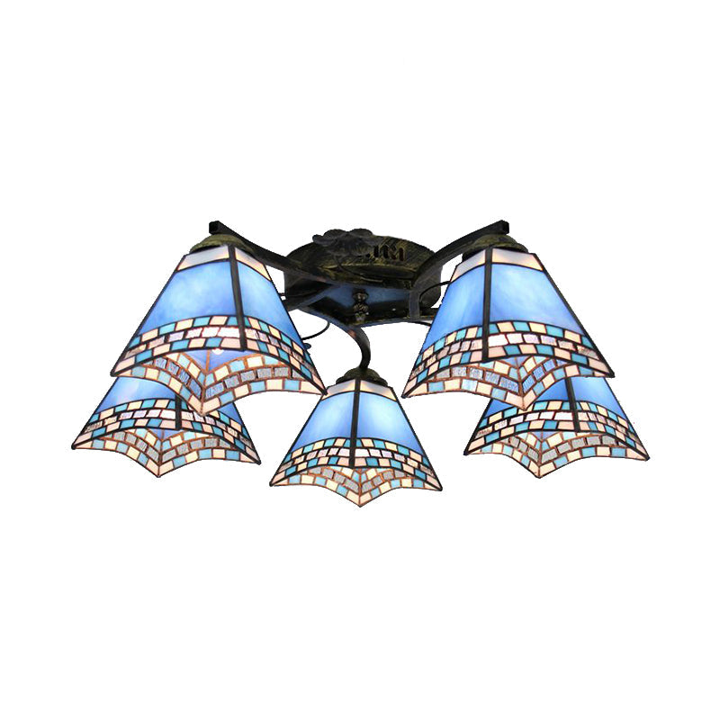 Tiffany Stained Glass Ceiling Light with 5 Scalloped Heads in Antique Bronze - Perfect for Bedroom