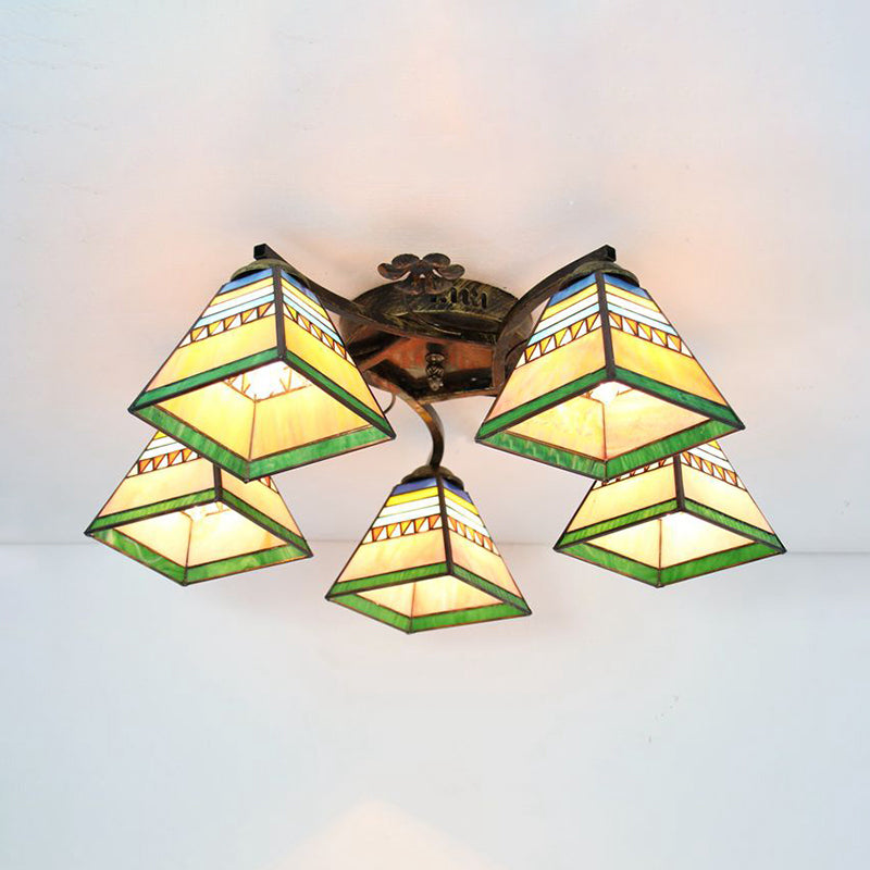 Tiffany Stained Glass Ceiling Light with 5 Scalloped Heads in Antique Bronze - Perfect for Bedroom