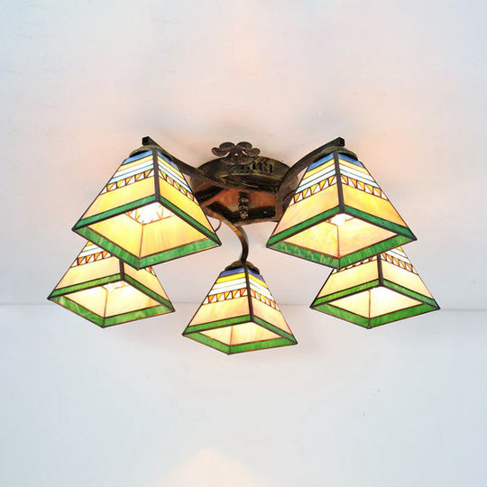 Tiffany Stained Glass Ceiling Light With 5 Scalloped Heads In Antique Bronze - Perfect For Bedroom