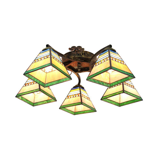 Tiffany Stained Glass Ceiling Light with 5 Scalloped Heads in Antique Bronze - Perfect for Bedroom