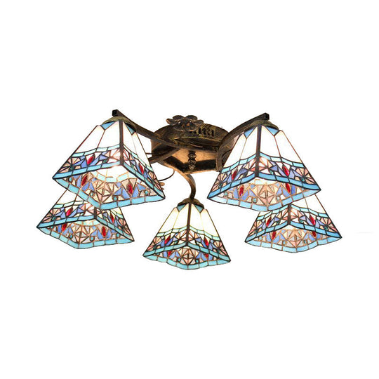 Tiffany Stained Glass Ceiling Light with 5 Scalloped Heads in Antique Bronze - Perfect for Bedroom