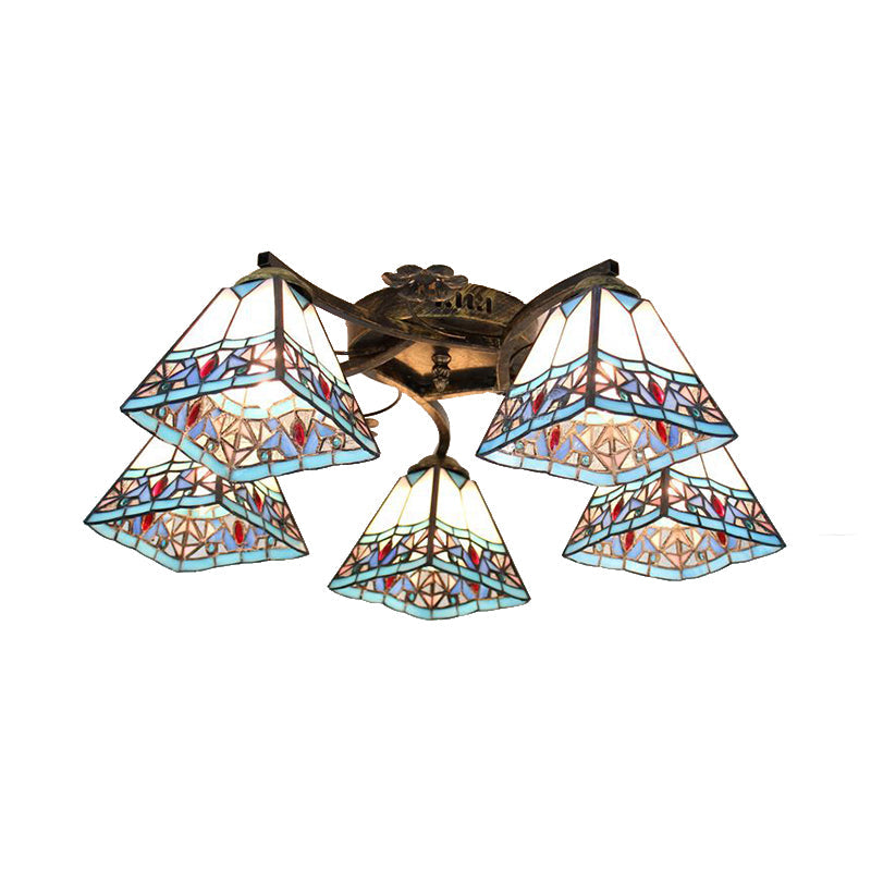 Tiffany Stained Glass Ceiling Light With 5 Scalloped Heads In Antique Bronze - Perfect For Bedroom