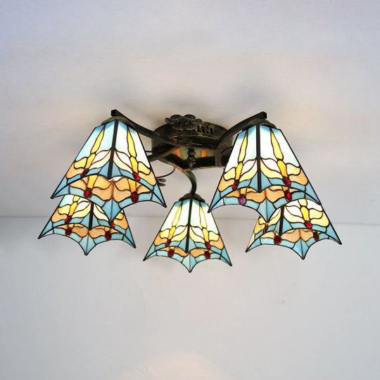 Tiffany Stained Glass Ceiling Light with 5 Scalloped Heads in Antique Bronze - Perfect for Bedroom