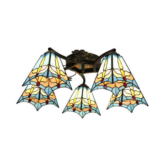 Tiffany Stained Glass Ceiling Light with 5 Scalloped Heads in Antique Bronze - Perfect for Bedroom