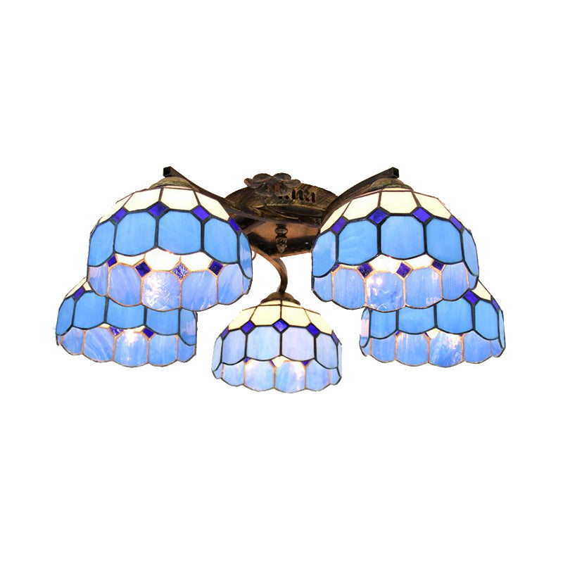 Tiffany Stained Glass Ceiling Light with 5 Scalloped Heads in Antique Bronze - Perfect for Bedroom