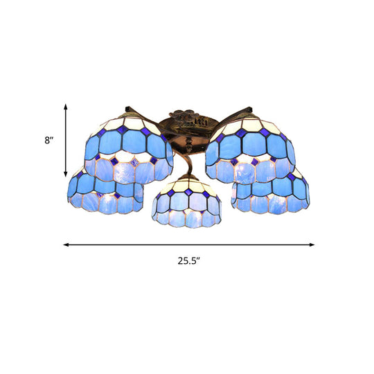 Tiffany Stained Glass Ceiling Light with 5 Scalloped Heads in Antique Bronze - Perfect for Bedroom