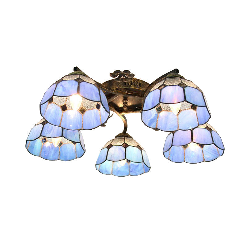 Tiffany Stained Glass Ceiling Light with 5 Scalloped Heads in Antique Bronze - Perfect for Bedroom