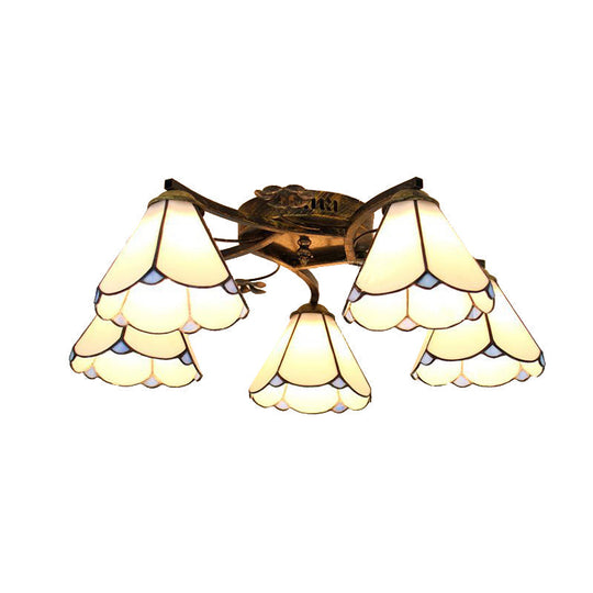 Tiffany Stained Glass Ceiling Light with 5 Scalloped Heads in Antique Bronze - Perfect for Bedroom