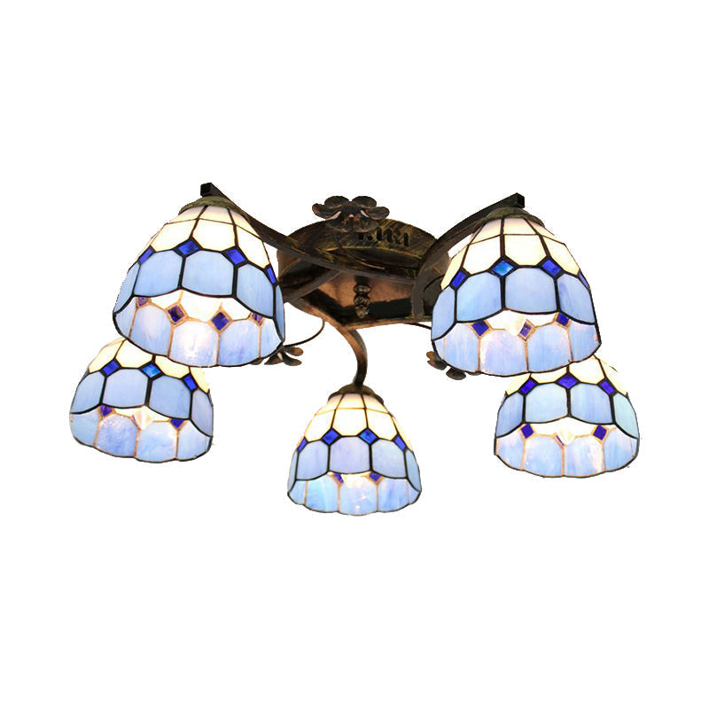 Tiffany Stained Glass Ceiling Light with 5 Scalloped Heads in Antique Bronze - Perfect for Bedroom