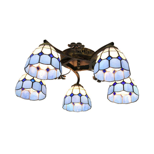 Tiffany Stained Glass Ceiling Light With 5 Scalloped Heads In Antique Bronze - Perfect For Bedroom