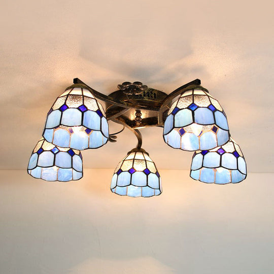 Tiffany Stained Glass Ceiling Light with 5 Scalloped Heads in Antique Bronze - Perfect for Bedroom