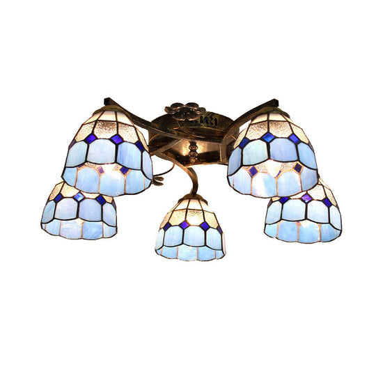 Tiffany Stained Glass Ceiling Light with 5 Scalloped Heads in Antique Bronze - Perfect for Bedroom