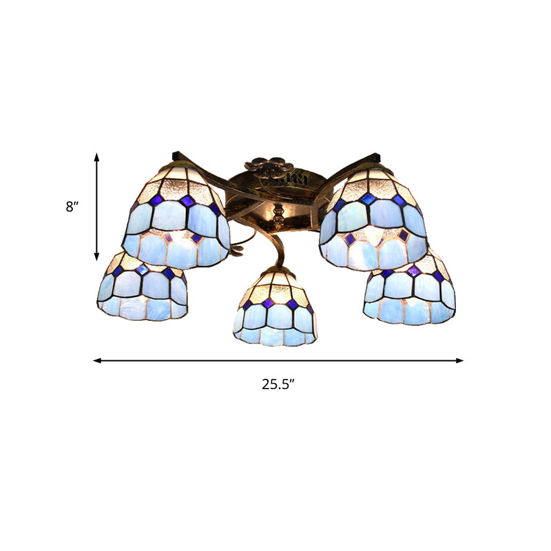 Tiffany Stained Glass Ceiling Light with 5 Scalloped Heads in Antique Bronze - Perfect for Bedroom