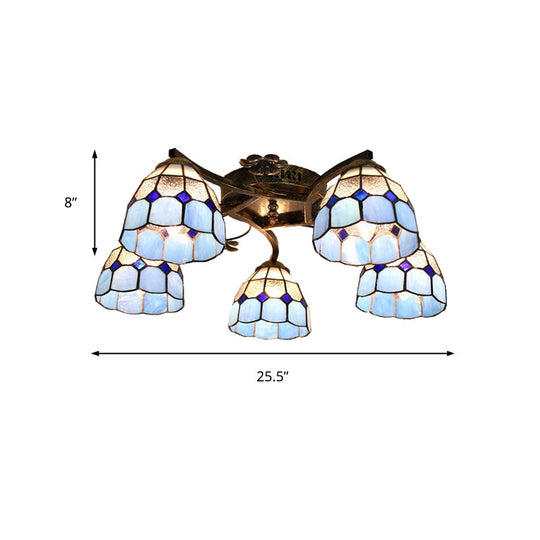 Tiffany Stained Glass Ceiling Light with 5 Scalloped Heads in Antique Bronze - Perfect for Bedroom