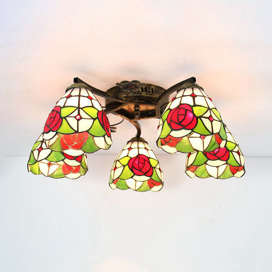 Tiffany Stained Glass Ceiling Light with 5 Scalloped Heads in Antique Bronze - Perfect for Bedroom