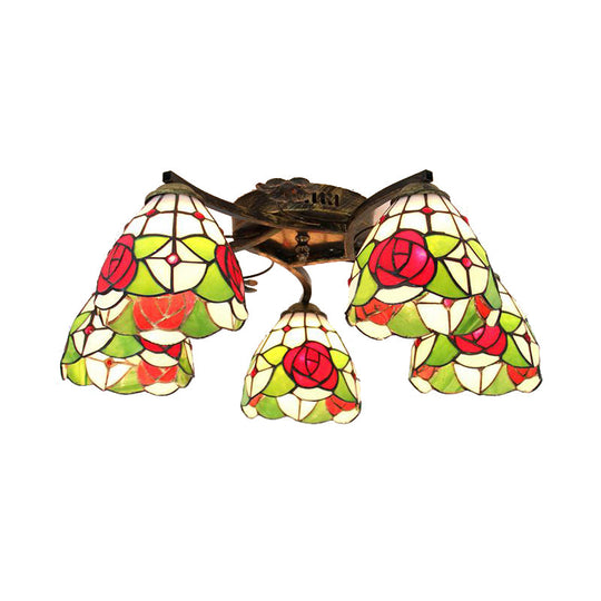 Tiffany Stained Glass Ceiling Light with 5 Scalloped Heads in Antique Bronze - Perfect for Bedroom