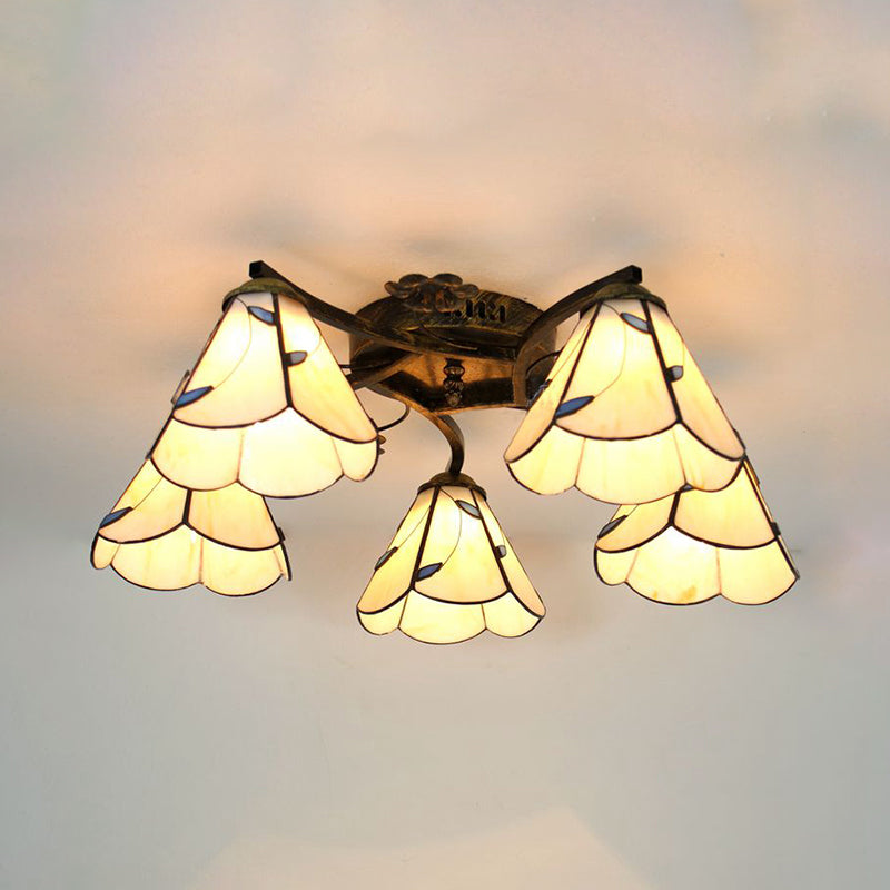 Tiffany Stained Glass Ceiling Light with 5 Scalloped Heads in Antique Bronze - Perfect for Bedroom