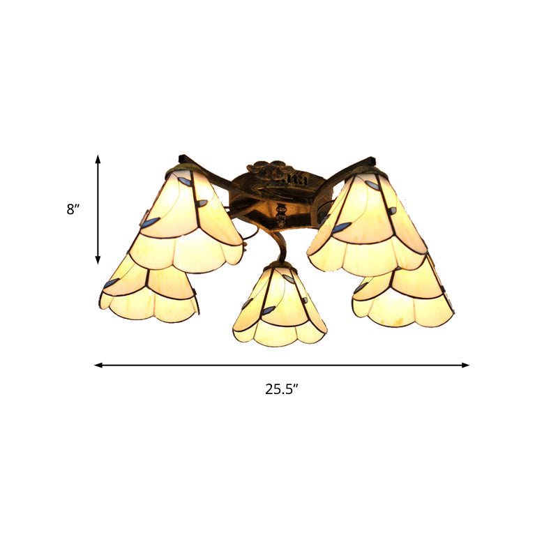 Tiffany Stained Glass Ceiling Light with 5 Scalloped Heads in Antique Bronze - Perfect for Bedroom