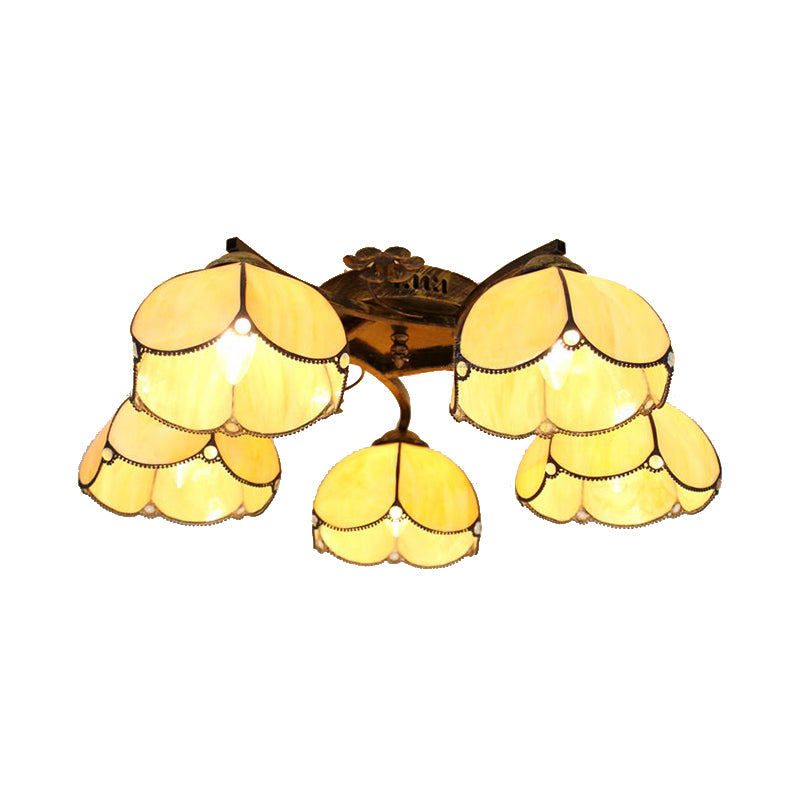 Tiffany Stained Glass Ceiling Light with 5 Scalloped Heads in Antique Bronze - Perfect for Bedroom