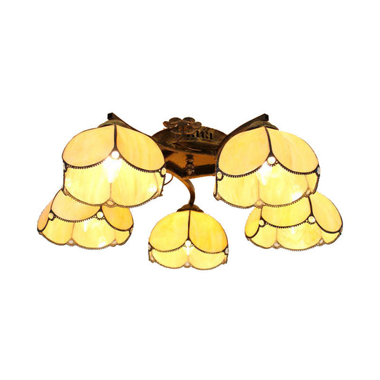 Tiffany Stained Glass Ceiling Light With 5 Scalloped Heads In Antique Bronze - Perfect For Bedroom