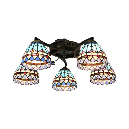 Tiffany Stained Glass Ceiling Light with 5 Scalloped Heads in Antique Bronze - Perfect for Bedroom