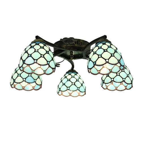 Tiffany Stained Glass Ceiling Light with 5 Scalloped Heads in Antique Bronze - Perfect for Bedroom