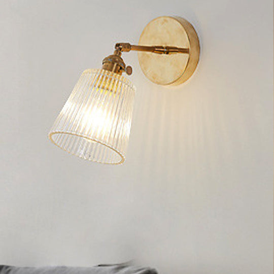 Clear Ribbed Glass Wall Sconce Light - Industrial Brass Cone Fixture For Living Room Lighting 1