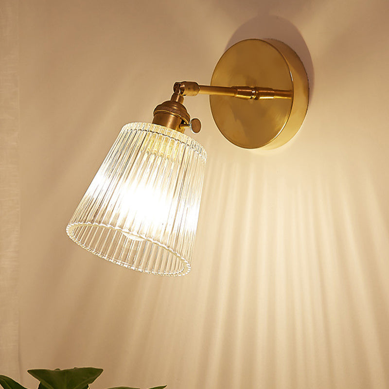 Clear Ribbed Glass Wall Sconce Light - Industrial Brass Cone Fixture For Living Room Lighting 1