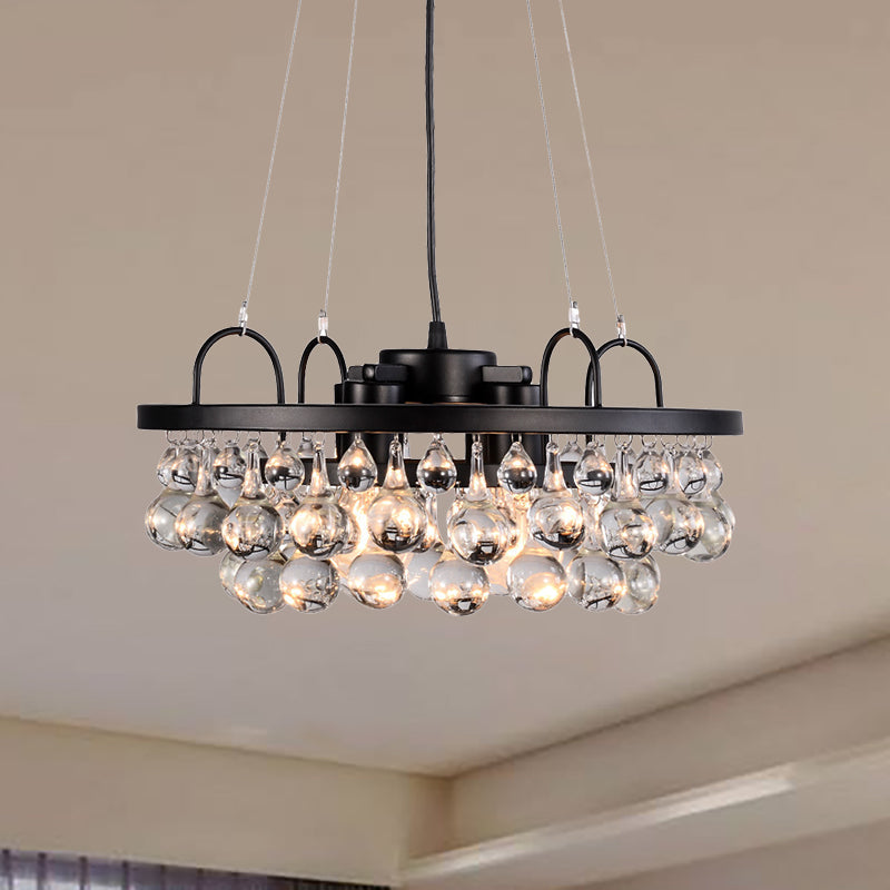 Lustre rond en métal noir vintage - Luminaire suspendu à 4 lumières avec goutte d'eau en cristal