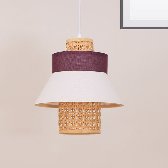 Contemporary Hanging Light Kit - 1-Bulb Suspension Pendant In Green/Purple/Light Purple With Fabric