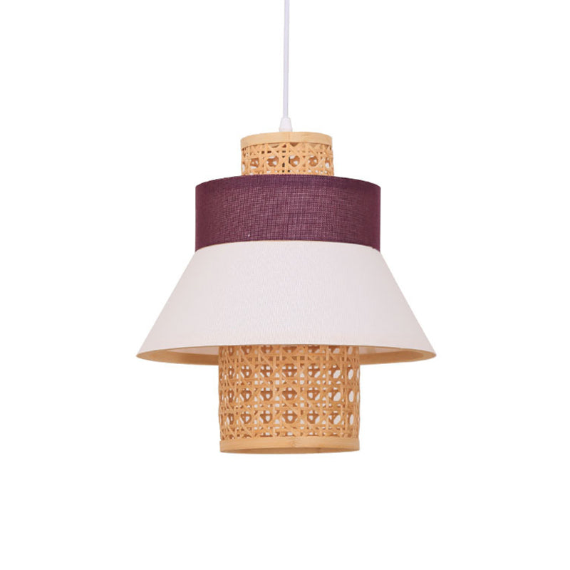 Contemporary Hanging Light Kit with Fabric Shade - Green/Purple/Light Purple Cylinder Suspension Pendant