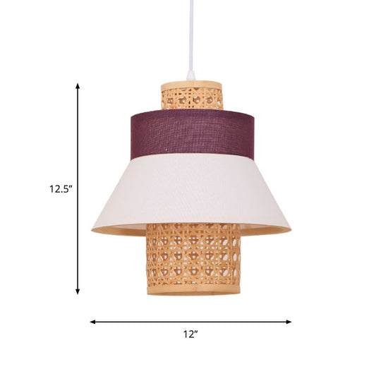 Contemporary Hanging Light Kit with Fabric Shade - Green/Purple/Light Purple Cylinder Suspension Pendant