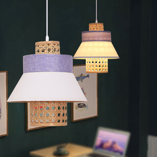 Contemporary Hanging Light Kit with Fabric Shade - Green/Purple/Light Purple Cylinder Suspension Pendant