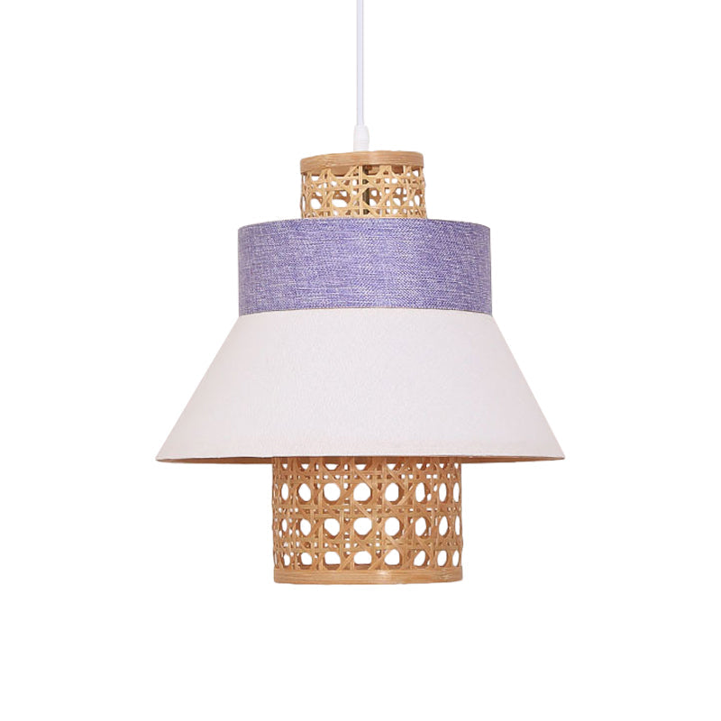 Contemporary Hanging Light Kit with Fabric Shade - Green/Purple/Light Purple Cylinder Suspension Pendant