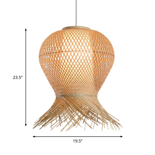 Woven Pendant Bamboo Hanging Lamp Kit - Traditional Design Beige Shade 1 Bulb Multiple Width Options