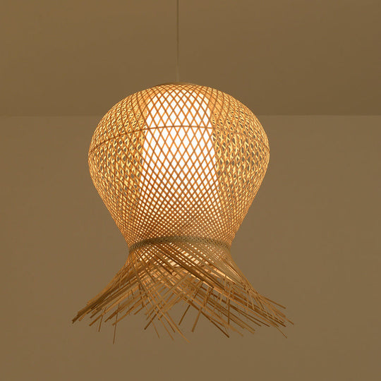 Woven Pendant Bamboo Hanging Lamp Kit - Traditional Design Beige Shade 1 Bulb Multiple Width Options