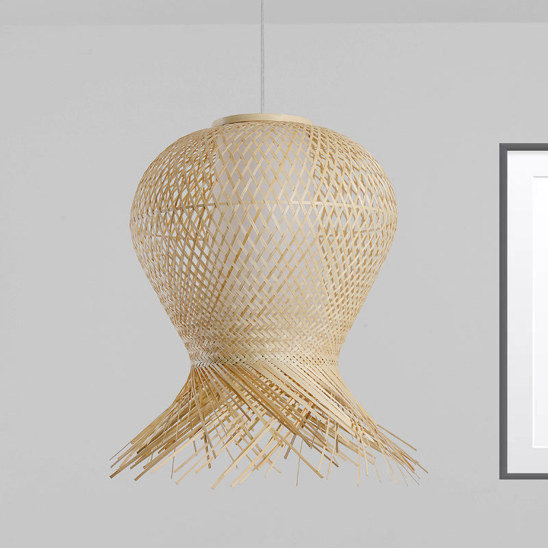 Woven Pendant Bamboo Hanging Lamp Kit - Traditional Design Beige Shade 1 Bulb Multiple Width Options