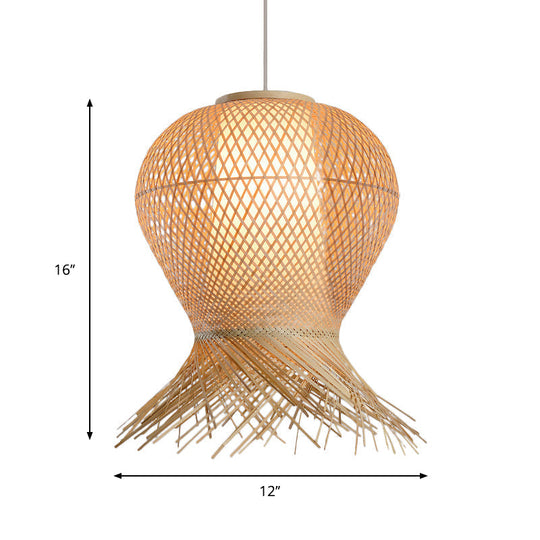 Woven Pendant Bamboo Hanging Lamp Kit - Traditional Design Beige Shade 1 Bulb Multiple Width Options