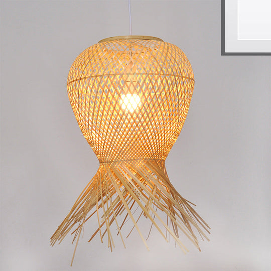 Modern Handcrafted Bamboo Pendant Light In Beige - 1 Bulb Hanging Fixture