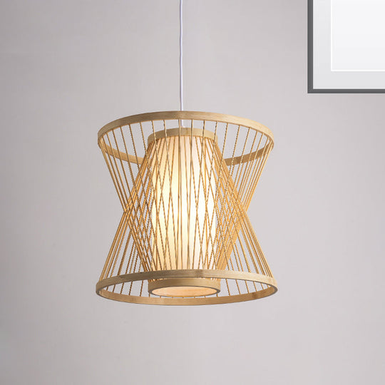 Contemporary Bamboo Cone Suspension Pendant Light Kit For Restaurants - 1 Bulb Wood Hanging Sizes: