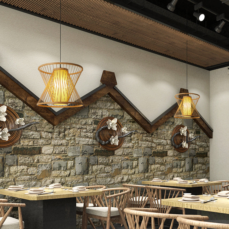 Contemporary Bamboo Cone Suspension Pendant Light Kit For Restaurants - 1 Bulb Wood Hanging Sizes: