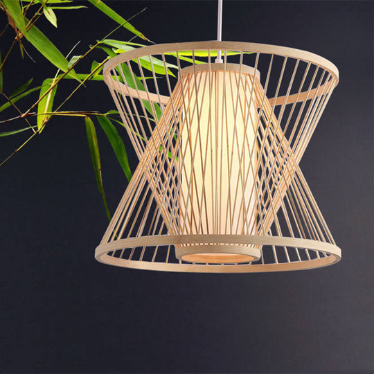 Contemporary Bamboo Cone Suspension Pendant Light Kit For Restaurants - 1 Bulb Wood Hanging Sizes: