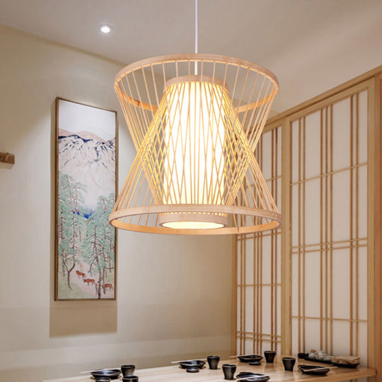 Contemporary Bamboo Cone Suspension Pendant Light Kit For Restaurants - 1 Bulb Wood Hanging Sizes: