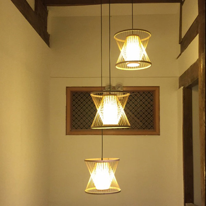 Contemporary Bamboo Cone Suspension Pendant Light Kit For Restaurants - 1 Bulb Wood Hanging Sizes: