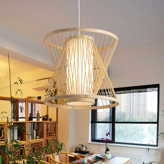 Contemporary Bamboo Cone Suspension Pendant Light Kit For Restaurants - 1 Bulb Wood Hanging Sizes: