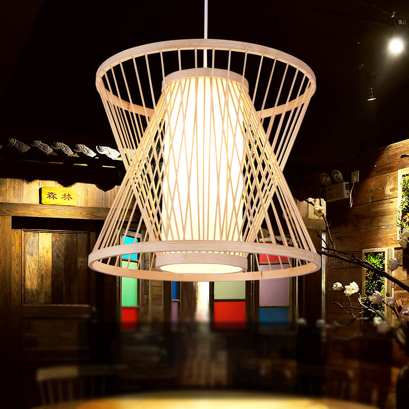 Contemporary Bamboo Cone Suspension Pendant Light Kit For Restaurants - 1 Bulb Wood Hanging Sizes: