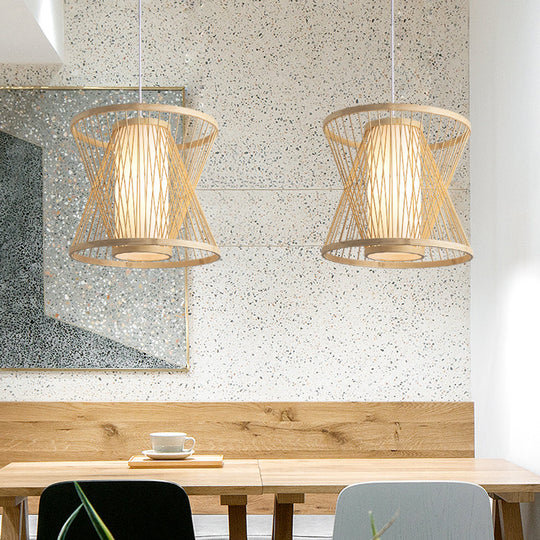 Contemporary Bamboo Cone Suspension Pendant Light Kit For Restaurants - 1 Bulb Wood Hanging Sizes: