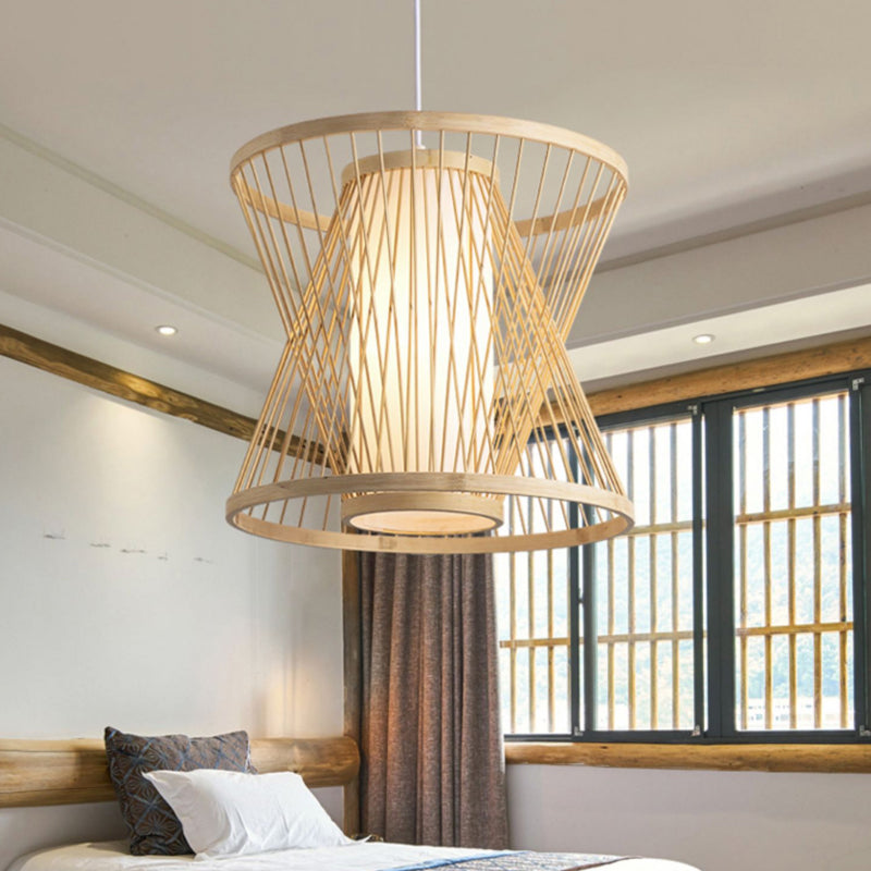 Contemporary Bamboo Cone Suspension Pendant Light Kit For Restaurants - 1 Bulb Wood Hanging Sizes: