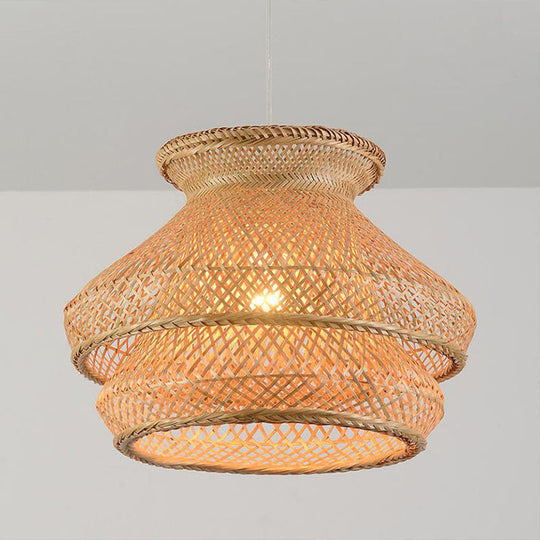 Retro 2-Tier Wood Hanging Ceiling Light with Bamboo Shade - 1 Bulb Suspension Lighting